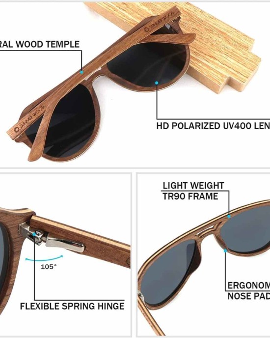 Wood Sunglasses for Men Women Wooden Polarized Sun Glasses with Spring Hinge UV Protection