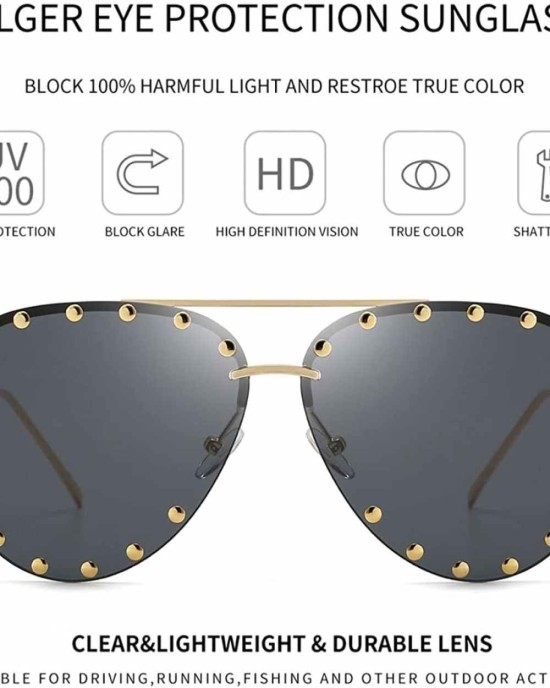 Dollger Studded Sunglasses for Women Fashion Studded Aviator Sunglasses Metal Frame UV 400