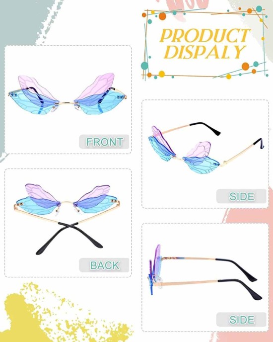 7 Pieces Dragonfly Sunglasses Fairy Glasses Butterfly Glasses Rimless Sunglasses for Women Men