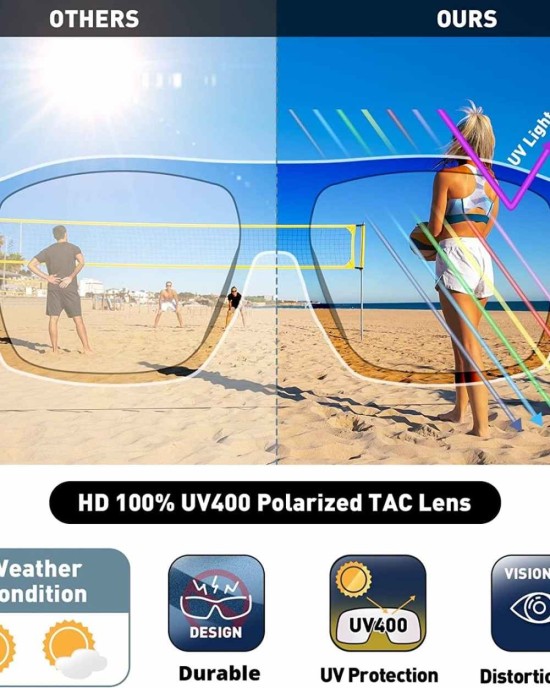 Bevi Square Polarized Sunglasses UV 400 Protection with TR90 Lightweight Frame Glasses for Women Men