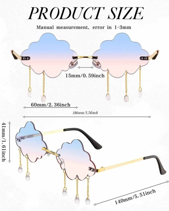 6 Pairs Rimless Cute Sunglasses Tassel Cloud Glasses Funky 90s Sunglasses Cool Disco Sunglasses Eyewear for Women Men