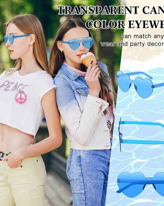 24 Pairs Heart Shape Rimless Valentines Sunglasses Transparent Love Fun Sunglasses Party Accessories for Women(Blue)
